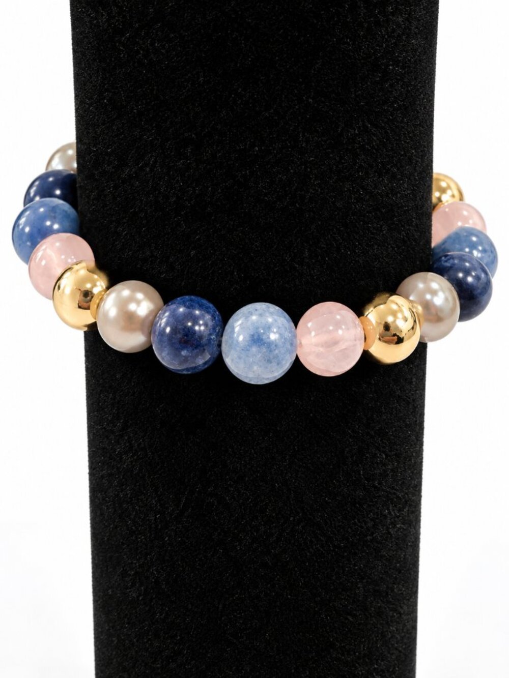 Mixed Stone Glass Acrylic Beaded Stretch Bracelet Pink Blue Gold 6.75"